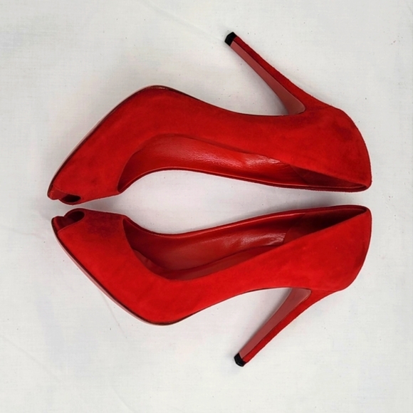 Miu Miu Prada Red Suede Peep Toe Stiletto Heels Pumps Size 37.5 - Picture 5 of 8